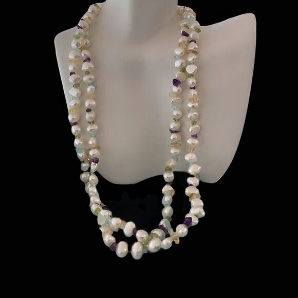 36” freshwater Pearl-citrine-topaz-amythyst-peridot rope necklace Sterling clasp - Picture 5 of 6